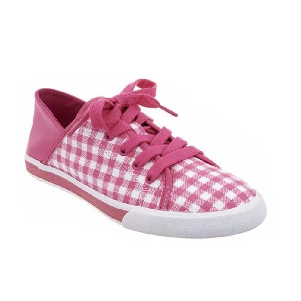 Isaac Mizrahi pink & white checkered plaid athletic tennis shoes size 7.5 - Picture 1 of 9